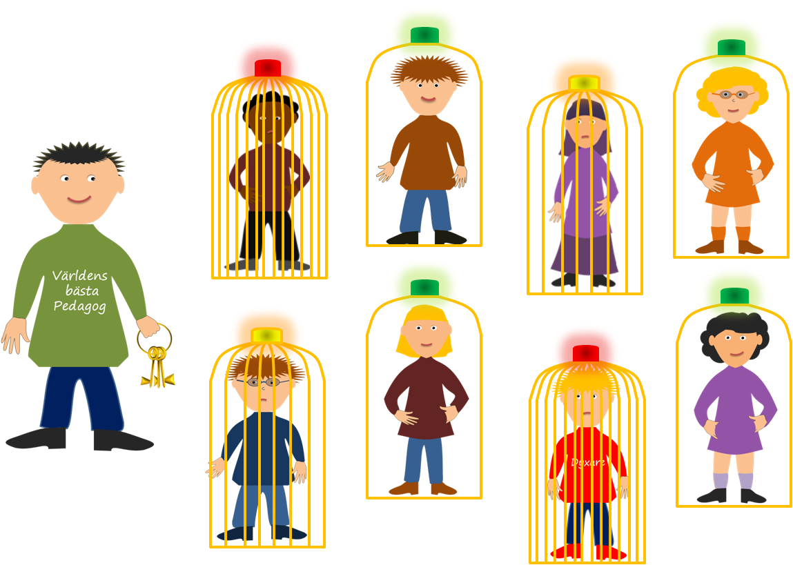 Illustration av Eva Svanström Pedagog med nyckelknippa som låst upp fyra burar och släppt ut glada elever. Fyra andra elever väntar på att få sina burar upplåsta.